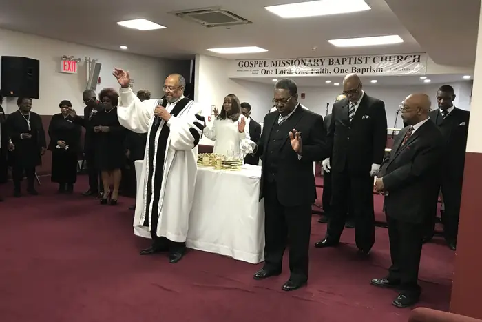 Worshipers and church leaders at Gospel Missionary Baptist Church's last service in its West 149th Street space on January 19, 2020.